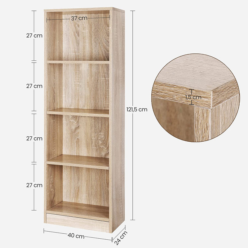 Boekenkast, staande boekenkast, met 4 vakken, in hoogte verstelbare planken,  40 x 24 x 121,5 cm, eiken kleur