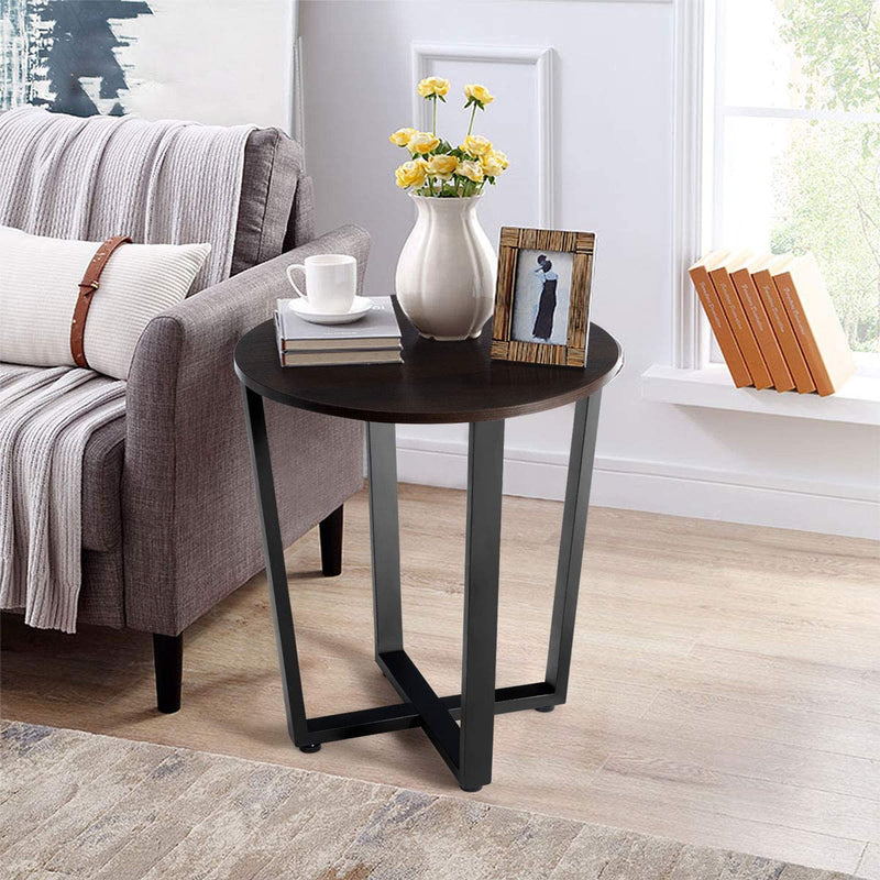 Ronde bijzettafel, 2-laags accent tafel met houten tafelblad ,eenvoudige montage (Donkerbruin)