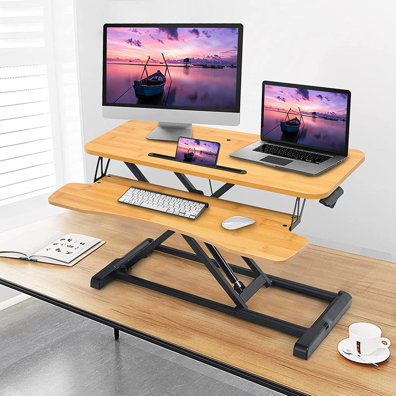 Zit-sta werkstation, zit-sta bureauconverter, in hoogte verstelbare staande bureau verhoger met grote tafelblad 80 x 40cm,ergonomisch bureau, (Natuurlijk)