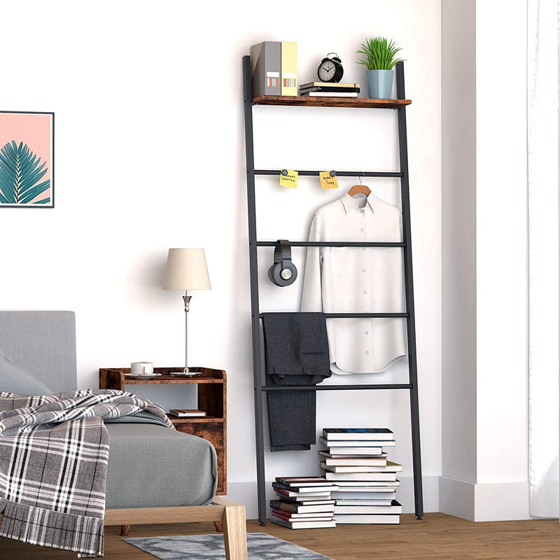 Ladder Handdoekenrek, Leaning Ladder Plank, 4 Hangende Rails en Bovenplank, Badkamer Handdoekstandaard, Handdoekhouder Industriële Stijl, Eenvoudig te monteren, Rustiek Bruin EBF73CJ01