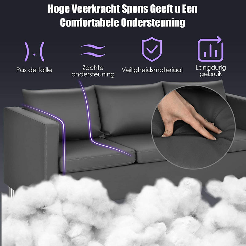 3 Zitsbank, moderne bank met zachte beklede stoelen en zilveren metalen poten, slaapbank perfect voor thuis en op kantoor