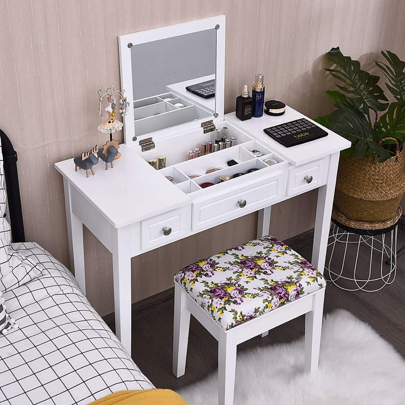 Kaptafel set met opklapbare bovenkant spiegel, 3 laden en een groot tafelblad, kaptafel set met gewatteerde kruk, ideaal voor slaapkamer, woonkamer, kleedkamer, badkamer, eenvoudige montage