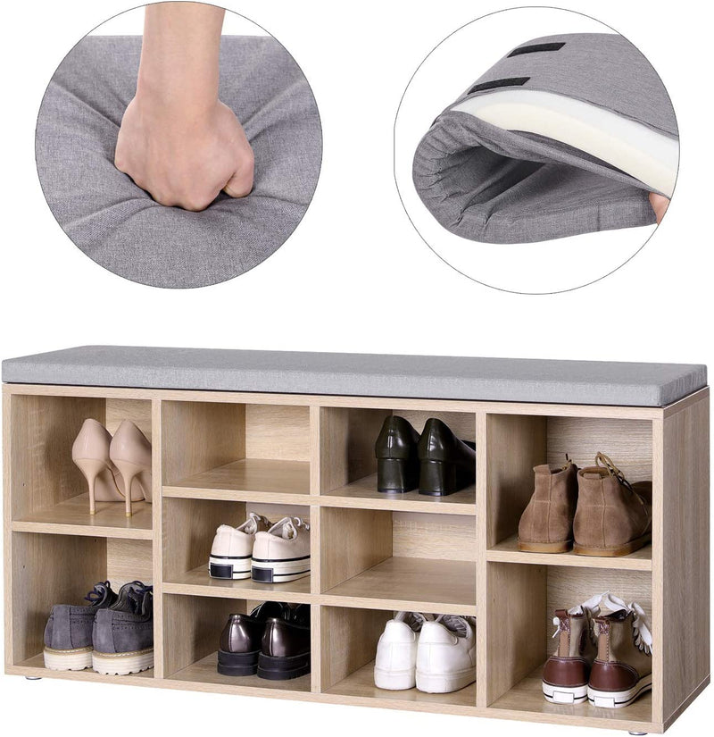 Schoenenbank, schoenenrek, schoenenopslag, zitbank, 10 vakken, met bekleding, voor de entree, hal, slaapkamer, 104 x 30 x 48 cm, houtlook LHS10NL