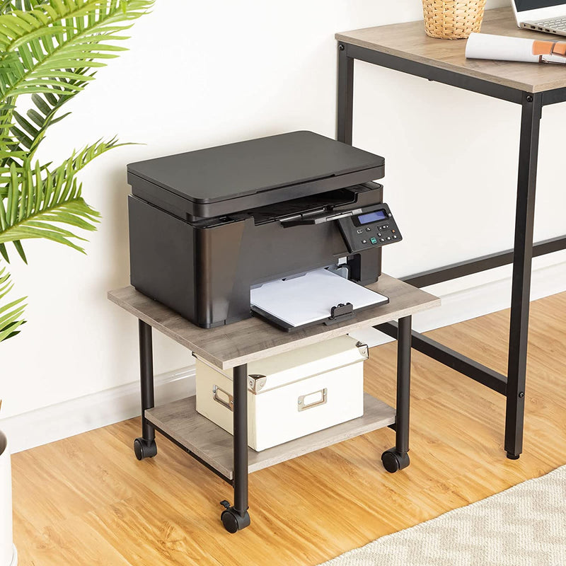 Printertafel, printerwagen met vergrendelbare wielen, printerstandaard op wielen met 2 niveaus, printerhouder industrieel design, 48,5 x 40 x 36,5 cm, grijs en zwart EBG02PS01
