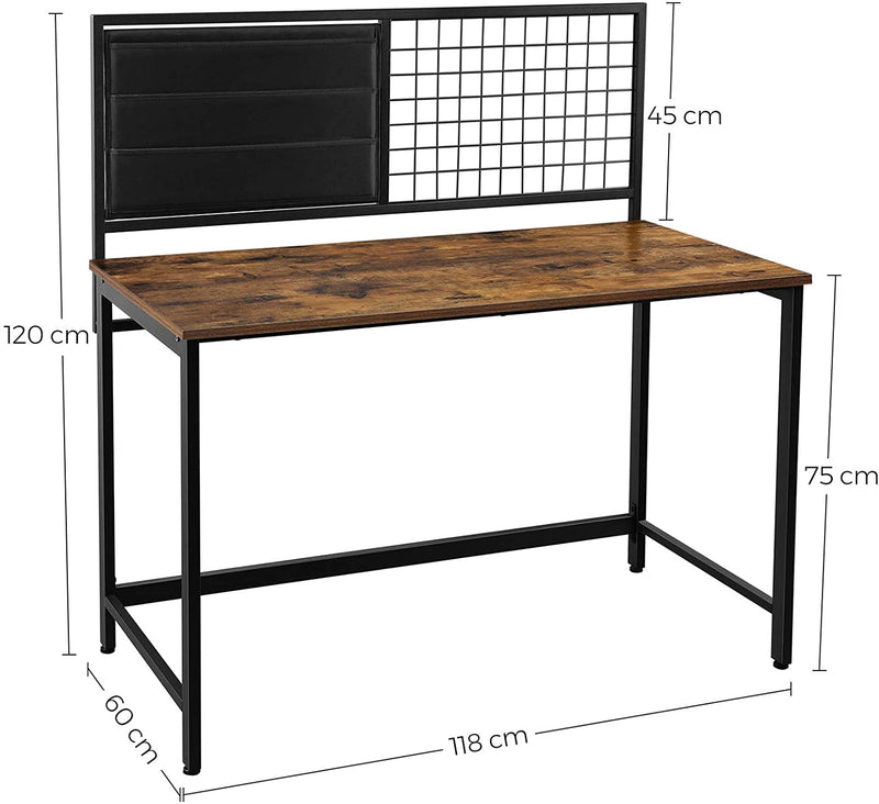 Computertafel, bureau, met raster en opbergvakken van stof, stalen frame, 118 cm lang, bruin-zwart LWD068B01