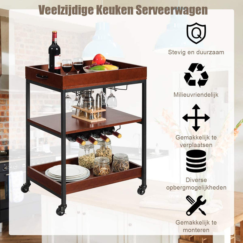 Keukentrolley, 3 lagen opslag plank, serveerwagen, met glas houders en wijnrekken, handige opslag trolley, met handgrepen en afsluitbare wielen,