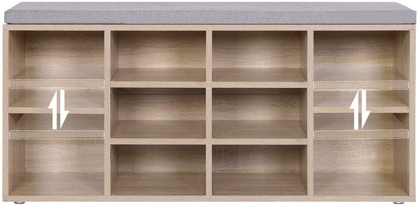 Schoenenbank, schoenenrek, schoenenopslag, zitbank, 10 vakken, met bekleding, voor de entree, hal, slaapkamer, 104 x 30 x 48 cm, houtlook LHS10NL