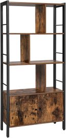 boekenkast, boekenkast met 4 open legplanken, staande boekenkast,, stalen frame, industrieel ontwerp, vintage bruin-zwart