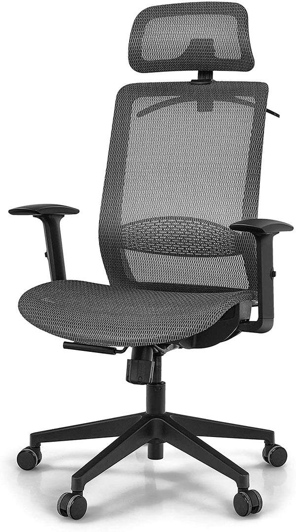 Ergonomische  bureaustoel, draaistoel, hoge rugleuning bureaustoel met verstelbare lendensteun, hoofdsteun, armsteun, rugleuning, kleerhanger, computerstoel (Grijs)