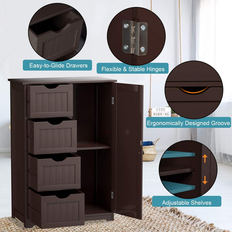 Badkamerkast vloerkast, vrijstaande badkamerkast, houten bijzetkast opbergkast met 4 laden en 1 verstelbare plank, multifunctionele, ruimtebesparende, voor ingang woonkamer slaapkamer keuken (Bruin)