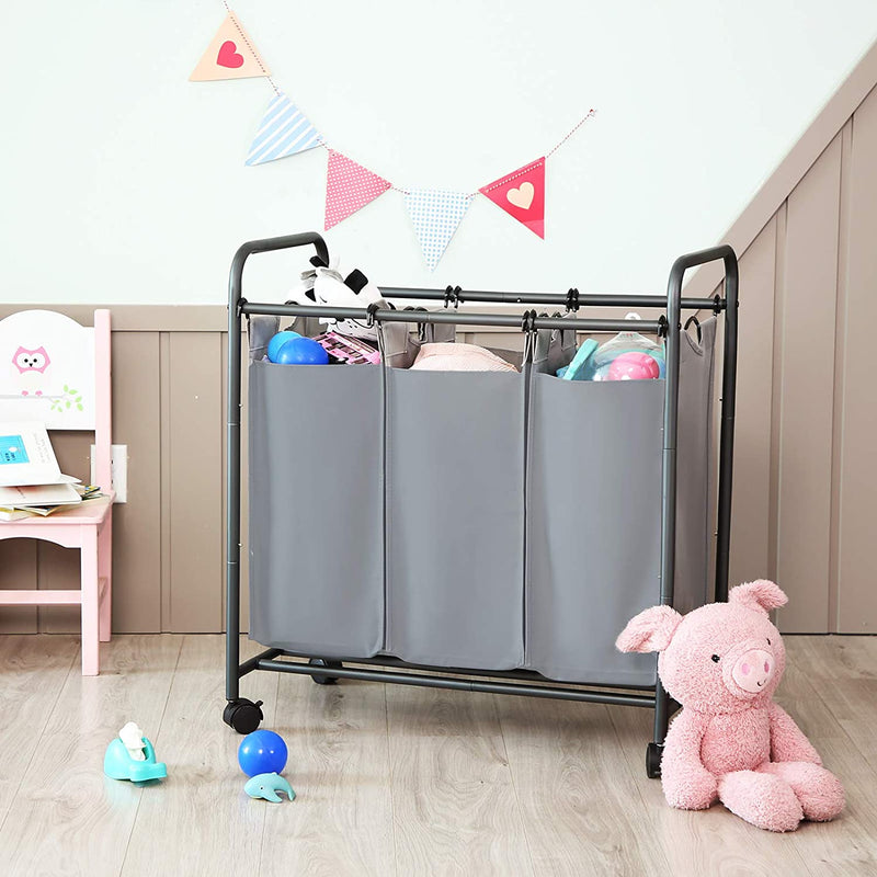 Wasmand op wielen, wassorteermachine met 3 afneembare stoffen zakken, wasverzamelaar, opbergruimte voor speelgoed, stevig, 3 x 44 liter, grijs LSF003GS