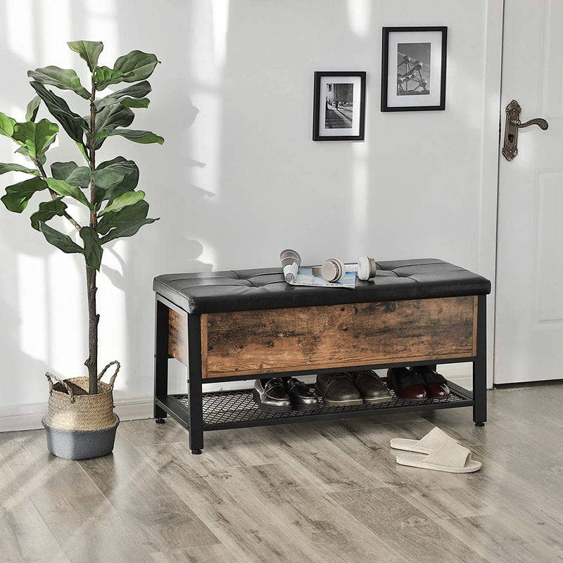 Schoenenbankje; zitbankje met zitkussen en schoenenrek; met opbergruimte; multifunctionele kist; hal, slaapkamer, ijzer, vintage, kunstleer