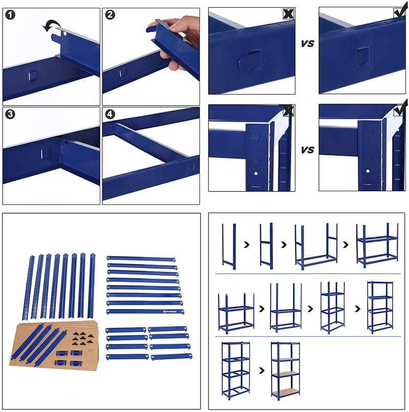 Magazijnrek, set van 2, rek voor zware lasten, kelderrek, 160 x 80 x 40 cm, tot 520 kg belastbaar, 4 verstelbare planken, plank van metaal, steekrek, werkplaatsrek, kelder, garage, blauw GLR88Q