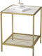 Bijzettafel, salontafel met 2 niveaus, gemaakt van gehard glas, stabiel, met metalen frame, rasterplank, voor woonkamer, slaapkamer, goudmarmeren look LGT030W01