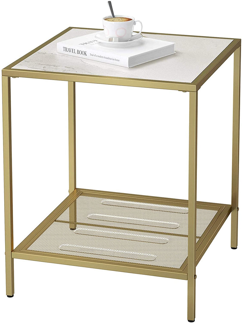 Bijzettafel, salontafel met 2 niveaus, gemaakt van gehard glas, stabiel, met metalen frame, rasterplank, voor woonkamer, slaapkamer, goudmarmeren look LGT030W01
