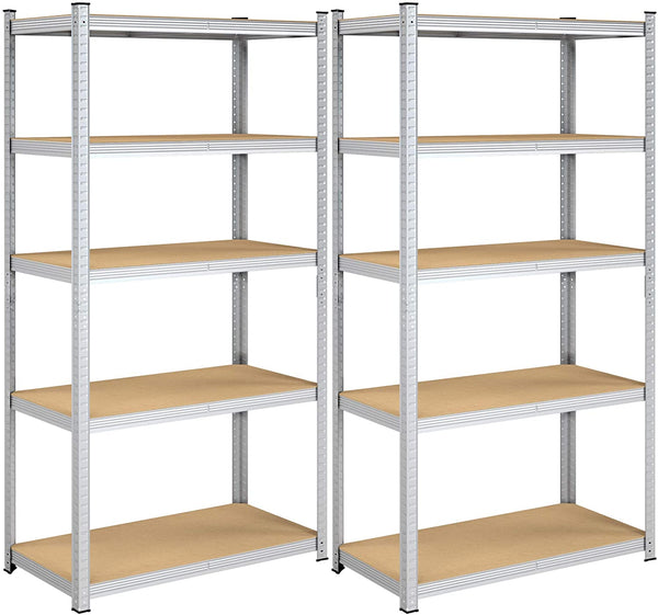 Magazijnrekken, zware lasten, set van 2, kelderrekken, 200 x 100 x 50 cm, tot 875 kg belastbaar, 5 verstelbare planken, planken van metaal, steekplanken, werkplaatsrek, zilver GLR050E02