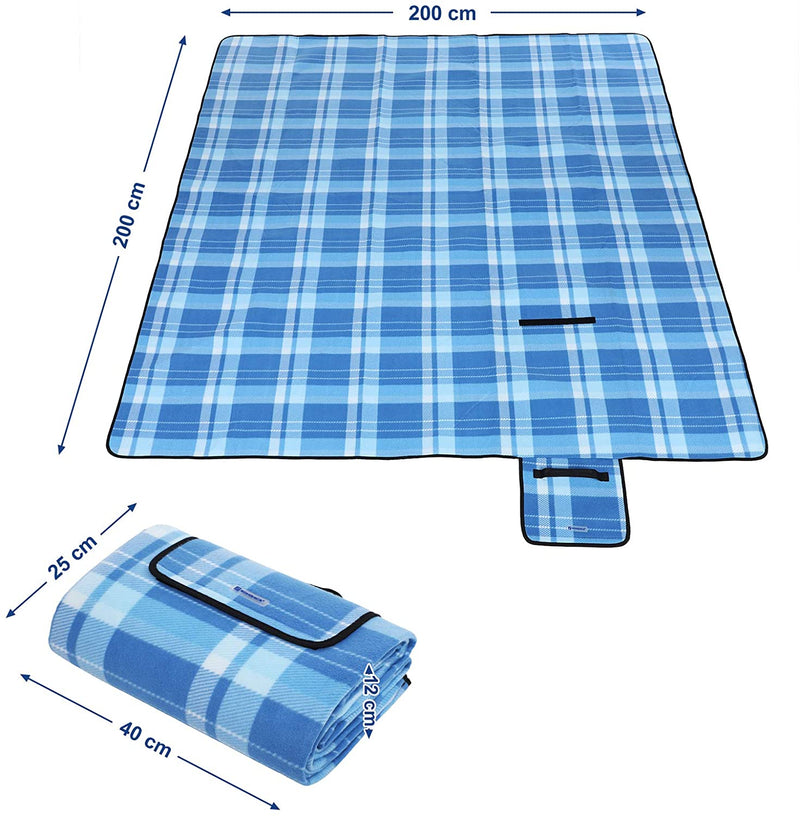 Picknickkleed, 200 x 200 cm, XXL, fleece, wmouwgeïsoleerd, waterdicht met draaggreep, vierkant blauw gestreept
