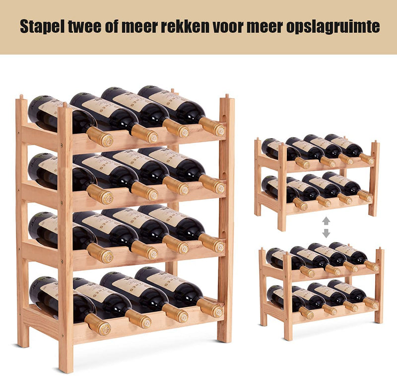 Houten Wijnrek, 2-lagen 8 flessen wijnfles houder, 100% grenen hout, golf ontwerp, glad oppervlak, stapelbare aanrecht wijn organisator voor keuken, cafe, bar, eetkamer (8-flessen)