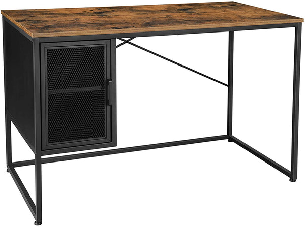 Computer bureau, bureau met gaasdeur en verstelbare plank, industrieel, stalen frame, vintage bruin-zwart LWD067B01