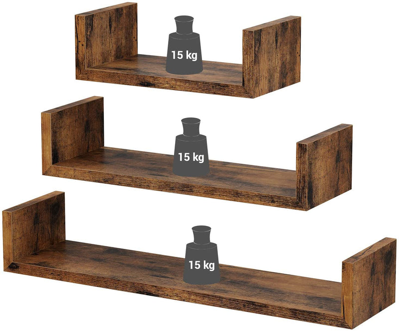 U-vormige wandplank, set van 3, zwevende plank in vintage stijl, wandmontage, voor decoraties, woonkamer, slaapkamer en kantoor, houtlook, donkerbruin LWS36BX