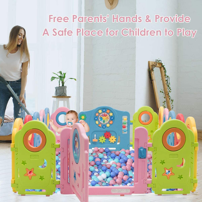 Grondbox baby, 16 paneel speelbox babybox veiligheid hek activiteit centrum, deur met veiligheidsslot & mooi speelgoed, draagbare HDPE binnen en buiten spel hek voor kinderen 6 maanden + (16 paneel)