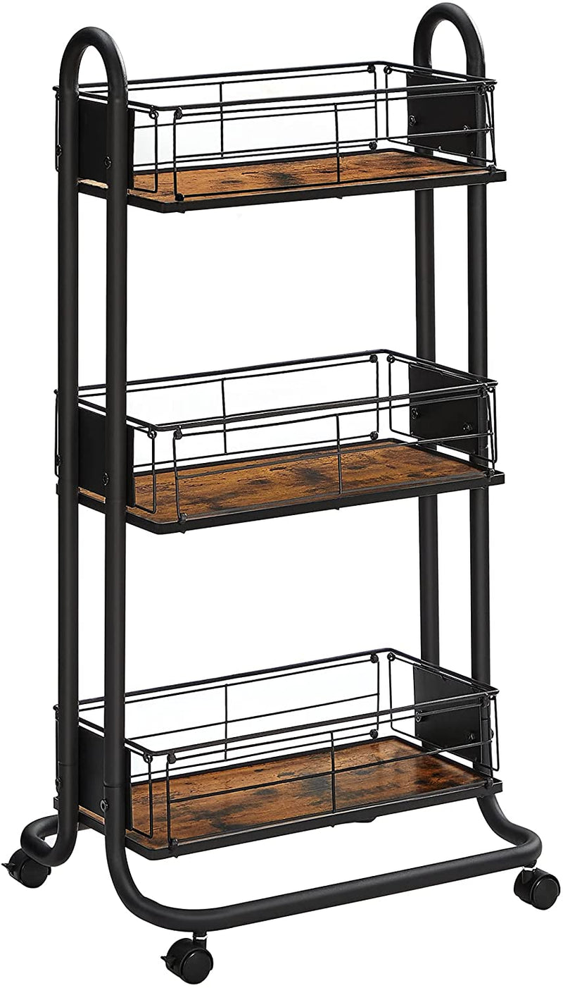 Serveerwagen, keukenwagen, keukenrek op wielen, trolley met 3 niveaus, wielen 360° draaibaar, voor keuken, eetkamer, woonkamer, werkkamer, vintage bruin-zwart LRC031B01