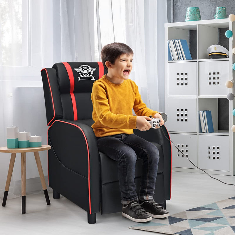 Gaming leunstoel fauteuil, PU lederen enkele leunstoel relaxstoel, verstelbare moderne woonkamer ligstoel, televisiestoel met voetsteun en lumbaal kussen, thuisbioscoop zittingen (Rood)