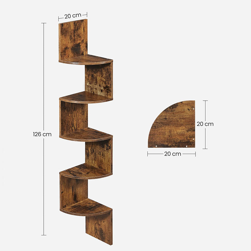 Boekenkast hoekplank met 5 niveaus voor wand, houten, vintage, donkerbruin LBC20BX