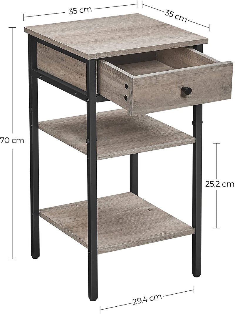 Nachtkastje, nachtkastje, hoog, met één lade en 2 legplanken, ruimtebesparend, industriële stijl, grijs-zwart LET502B02