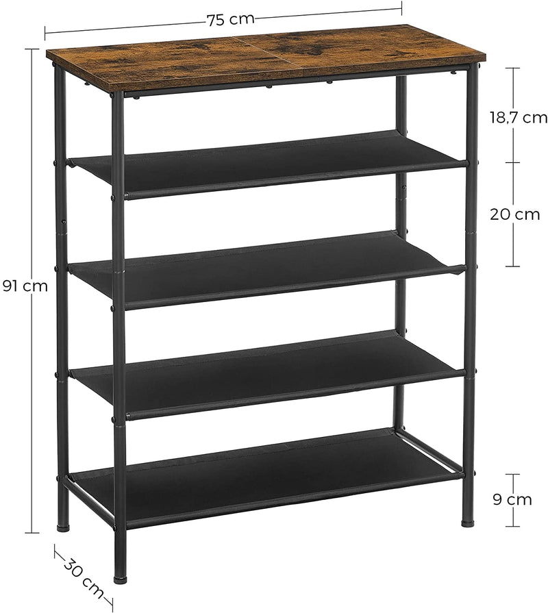 Schoenrek, 5 niveaus, schoenenrekken, smal, metalen frame, 4 legplanken van polyester stof,  bruin-zwart LBS036B01