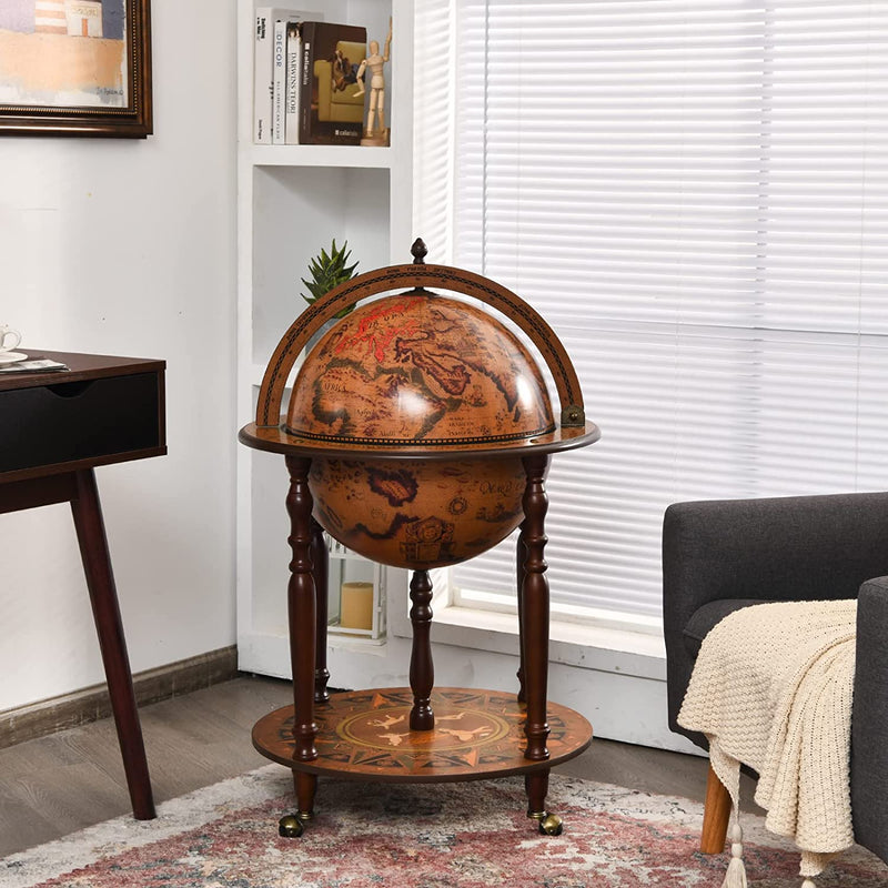 Wereldbol barwagen, wijnbar standaard, 16e eeuws italiaans wijnkast met wielen, rustiek houten wijnplank, verplaatsbaar wereldbol globebar wijnrek voor eetkamer & woonkamer, retro bruin