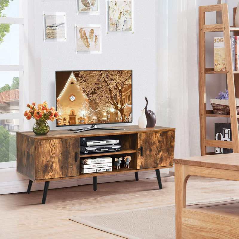 moderne TV-standaard, met 5 grenenpoten, TV-console opslagkast, met compartiment en open plank, ouderwets thuis media entertainment middel voor de slaapkamer, woonkamer en kantoor