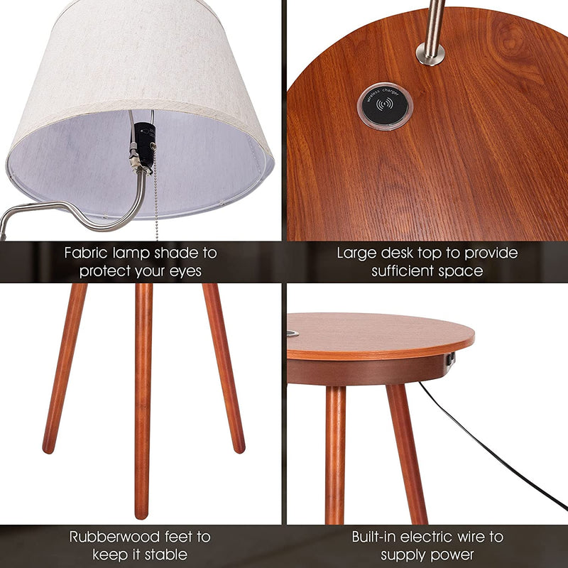 Staande lamp bijzettafel, 3-in-1 staande lampen, stoffen lampekap & houten bijzettafel, inclusief USB oplaadpoort, 220V stopcontact & draadloze oplader,