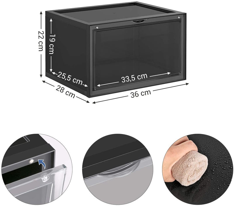 schoendozen, set van 6, stapelbare schoen organizers, plastic dozen met transparante deur, schoenopslag, voor schoenen tot maat 46, 36 x 28 x 22 cm, zwart LSP06CB