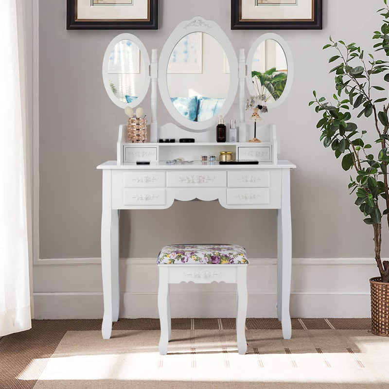 Kaptafel met opvouwbare spiegels, elegante make-up tafel en kussen set met 7 lades en open plank, kaptafel set voor thuis, appartement (Wit)