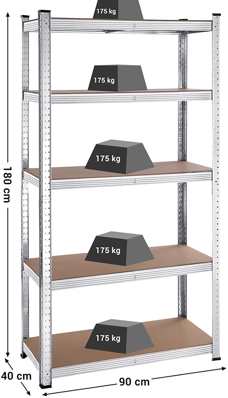 Storage planken, zware lasten, set van 2, kelderrekken, 180 x 90 x 40 cm, tot 875 kg belastbaar, planken, steekplanken, versterkt stalen frame, 5 verstelbare planken, zilver GLR040E02