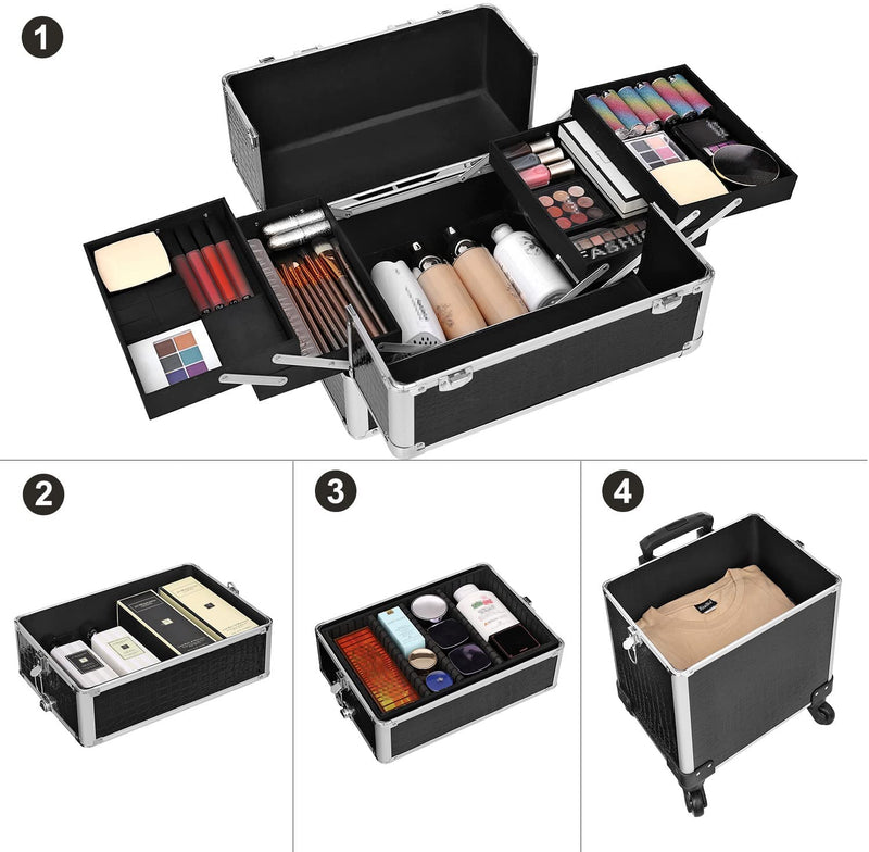 Trolley Cosmetische Hoes, Aluminium make-uphoes, schoonheidskoffer, zwart JHZ06B