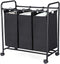 Wasmand, wasverzamelaar met 3 afneembare stoffen zakken, wasbak op wielen, wasserette, stevig, 3 x 44 liter, zwart LSF003B