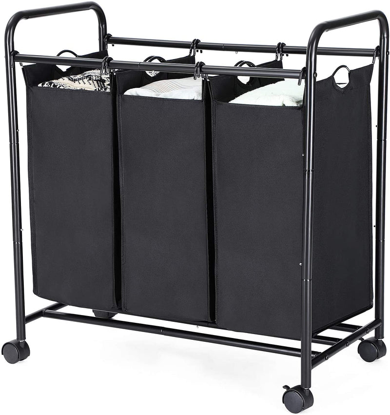 Wasmand, wasverzamelaar met 3 afneembare stoffen zakken, wasbak op wielen, wasserette, stevig, 3 x 44 liter, zwart LSF003B