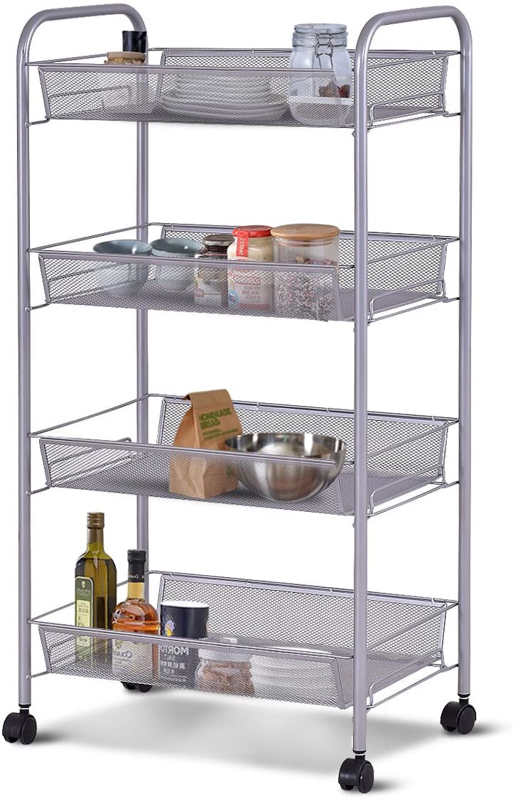 Serveerwagen met 4 lagen, keukentrolley gemaakt van ijzer, opbergtrolley met flexibele wielen en planken, multifunctionele trolley voor badkamer, keuken, eetkamer, kantoor (Grijs)