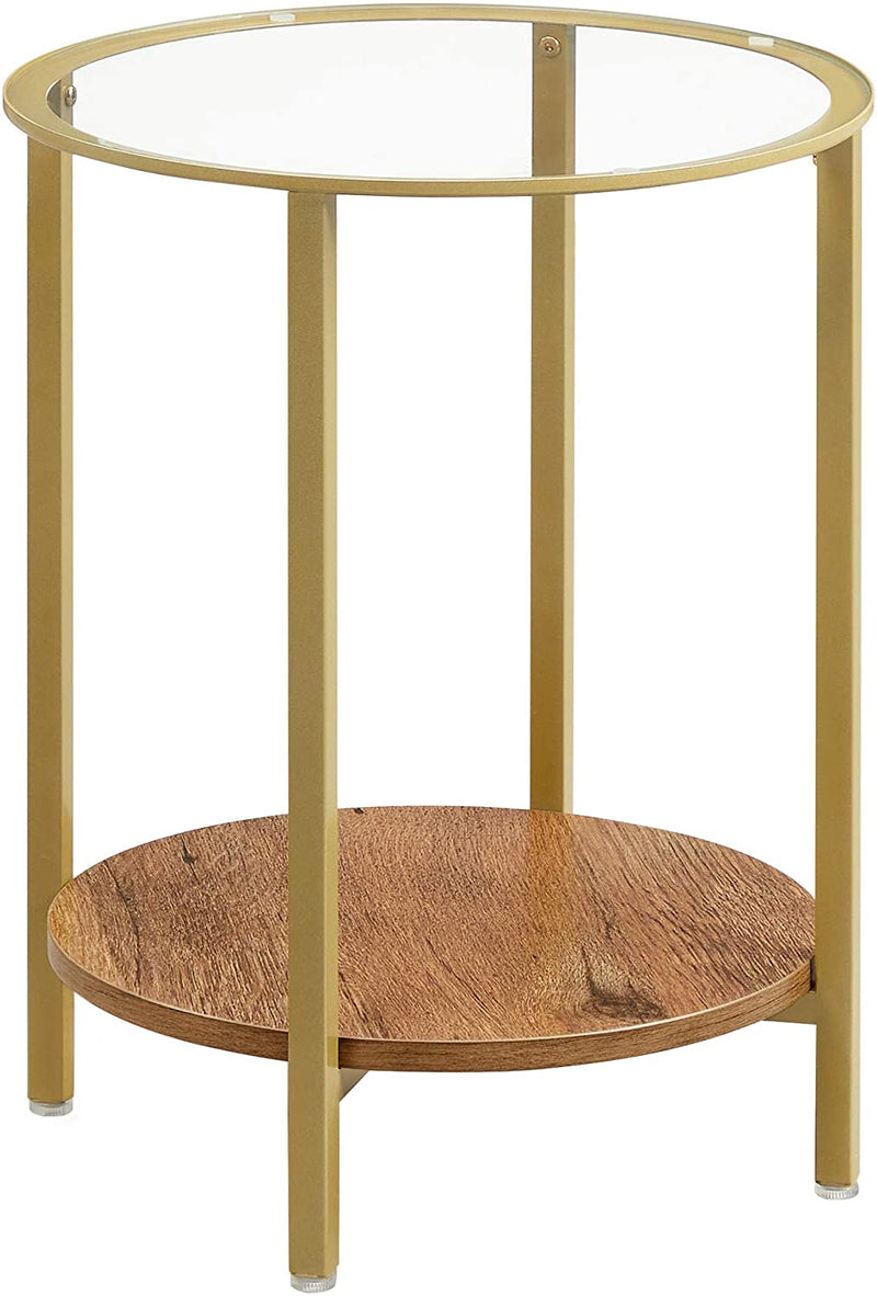 Bijzettafel, salontafel, rond, met 2 planken, van glas, voor woonkamer, slaapkamer, hazelnootbruin-goud LET204A03