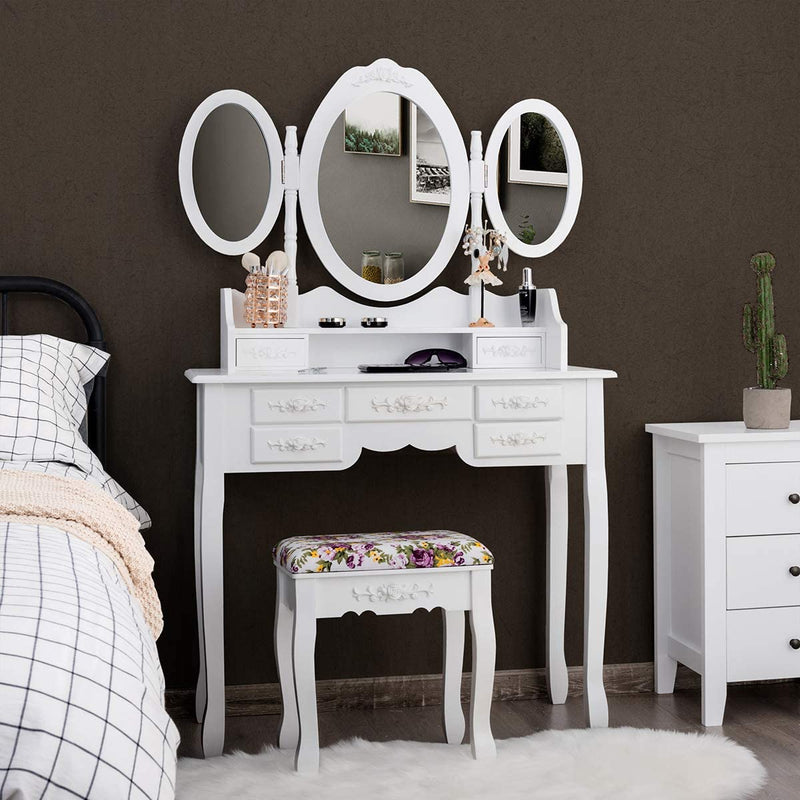 Kaptafel met opvouwbare spiegels, elegante make-up tafel en kussen set met 7 lades en open plank, kaptafel set voor thuis, appartement (Wit)