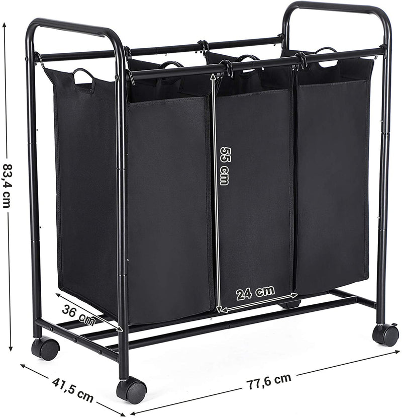 Wasmand, wasverzamelaar met 3 afneembare stoffen zakken, wasbak op wielen, wasserette, stevig, 3 x 44 liter, zwart LSF003B