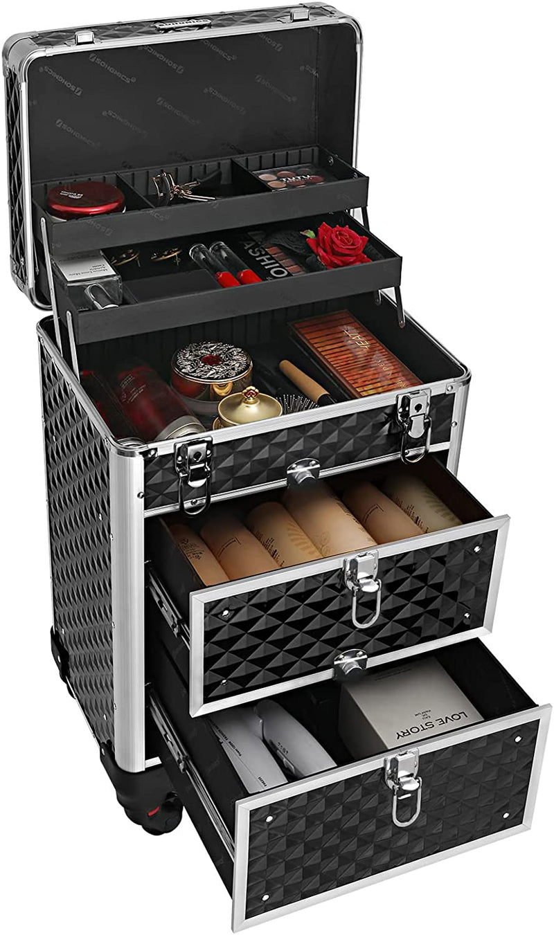 Cosmetic Case Trolley, professionele make-up case, kapperskoffer met 4 uitneembare universele wielen, make-up case, zwart JHZ08BK
