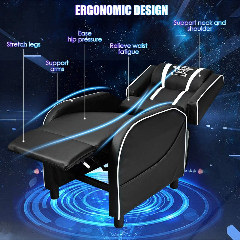 Gaming leunstoel fauteuil, PU lederen enkele leunstoel relaxstoel, verstelbare moderne woonkamer ligstoel, televisiestoel met voetsteun en lumbaal kussen, thuisbioscoop zittingen (Wit)