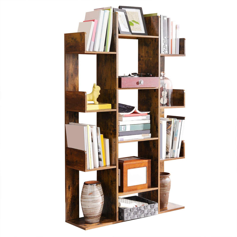 Vormige boekenplank in de vorm van een boom, staande plank met 13 vakken, opbergrek, 86 x 25 x 140 cm, met afgeronde hoeken, vintage bruin LBC67BXV1