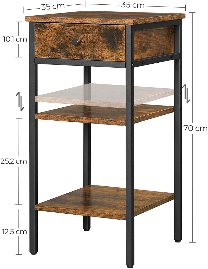 Nachtkastje, hoog, met een lade en 2 planken, ruimtebesparend, industriële stijl, vintage bruin-zwart LET502B01