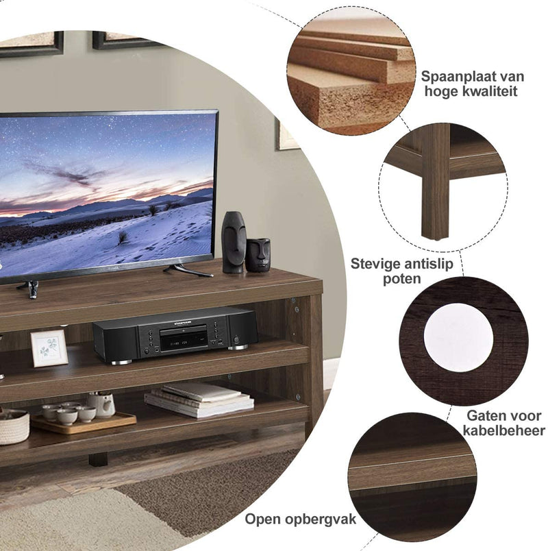 tv-meubel, tv-tafel met 2 open opslagplanken, houten tv-lowboard, 106,5 x 44,5 x 46cm, moderne tv-plank, tv-kast voor woonkamer, slaapkamer en entertainmentkamer, walnoot