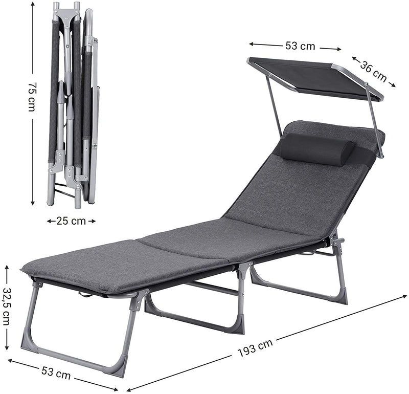 ligstoel, ligstoel met 3 cm dikke steun, hoofdsteun, luifel, verstelbare rugleuning, opklapbaar, 53 x 193 x 29,5 cm, tot 150 kg draagvermogen, tuin, balkon, donkergrijs GCB19UM