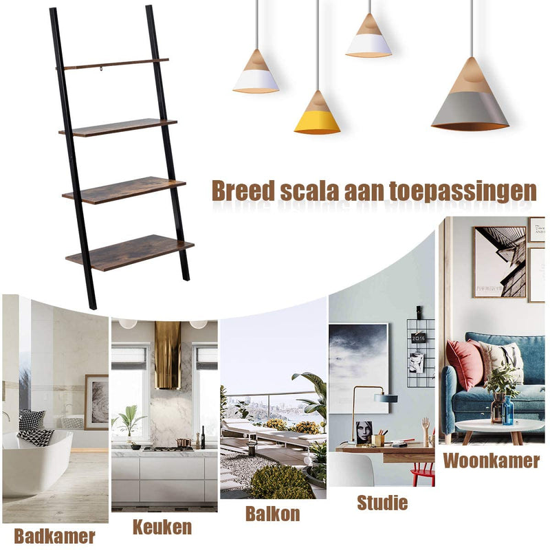 Ladderplank, 4-laags Boekenkast, Multifunctionele Boekenplank Plant Bloemenstandaard, (Bruin)